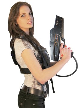 Girl with a Delta Strike laser tag phaser